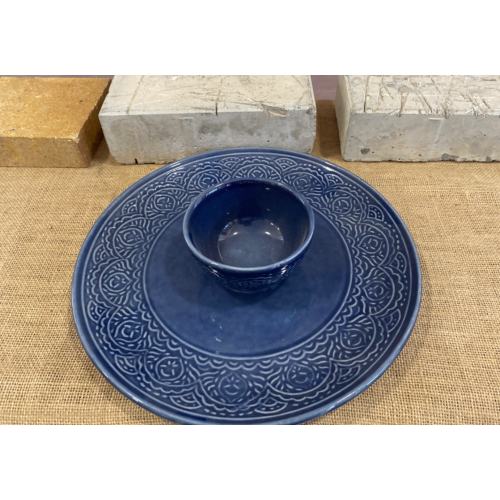 Printed blue platter with chip dip